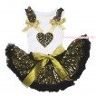 Valentine's Day White Baby Pettitop Gold Sequins Ruffles Sparkle Gold Bows & Leopard Heart Print & Black Gold Bling Sequins Newborn Pettiskirt NN275